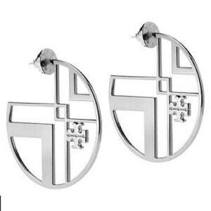 New Tory Burch Silver Logo Chevron Stud Hoop Earrings